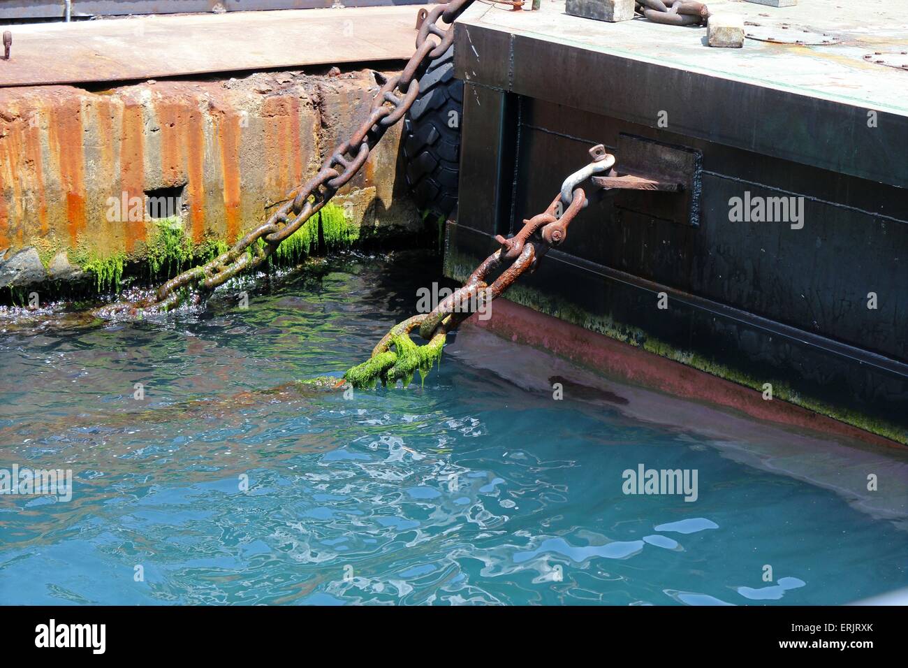 Rostige moosigen Ketten halten das Schwimmdock. Stockfoto