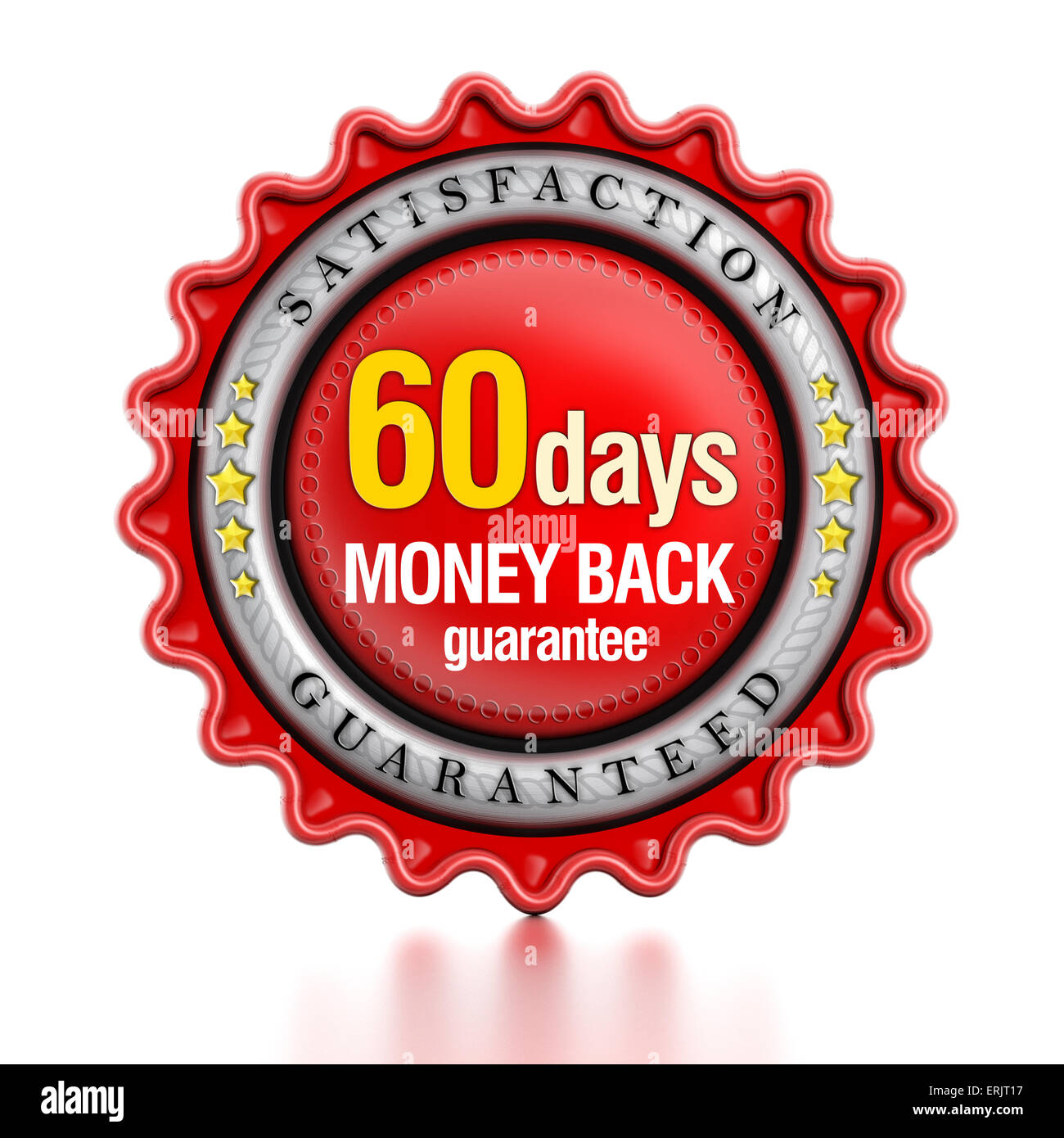 60 Tage Geld zurück Stempel isoliert auf weißem Hintergrund. Stockfoto