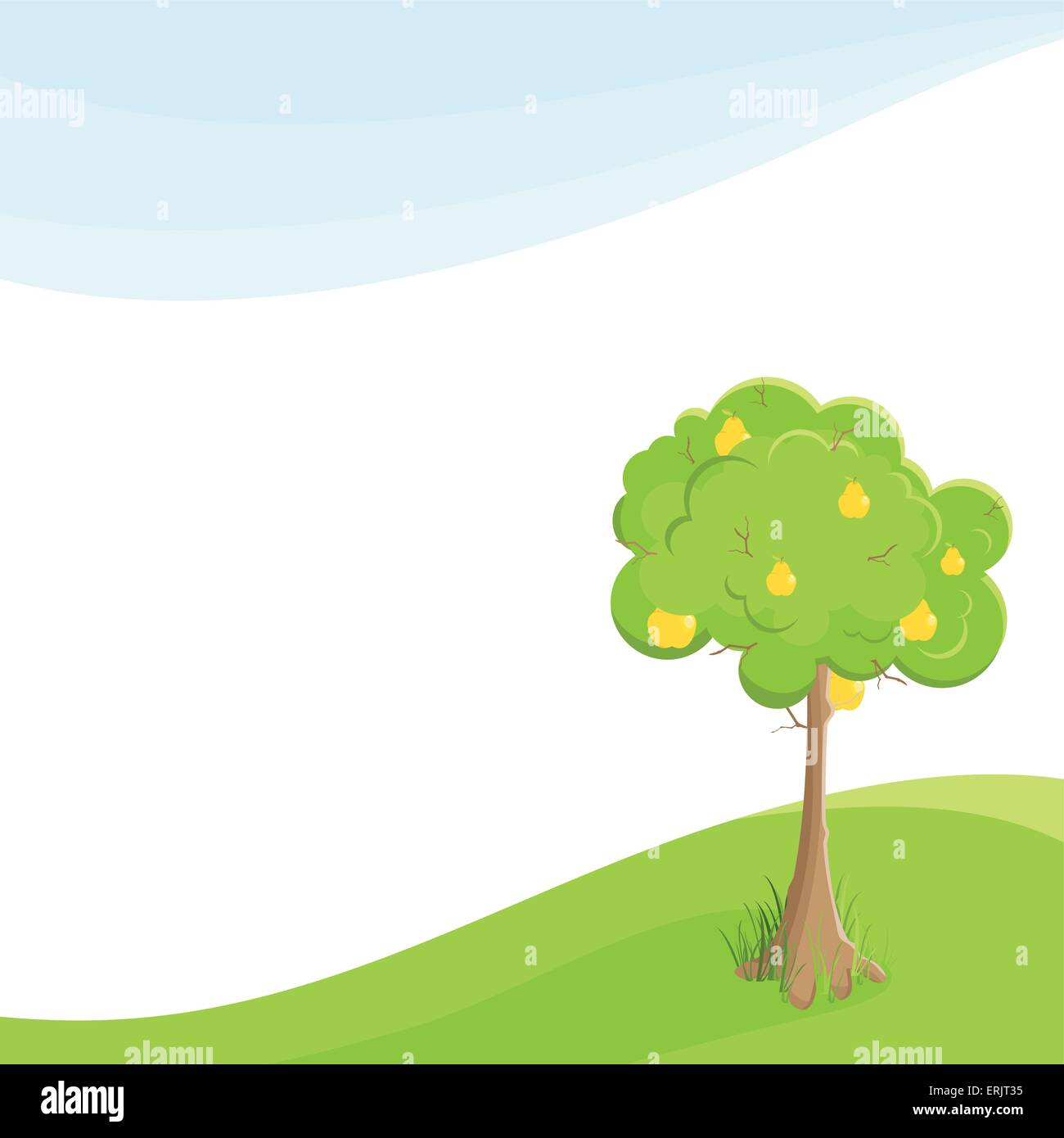 einsamer Birnbaum in einem Feld unter blauem Himmel. Vektor Stock Vektor