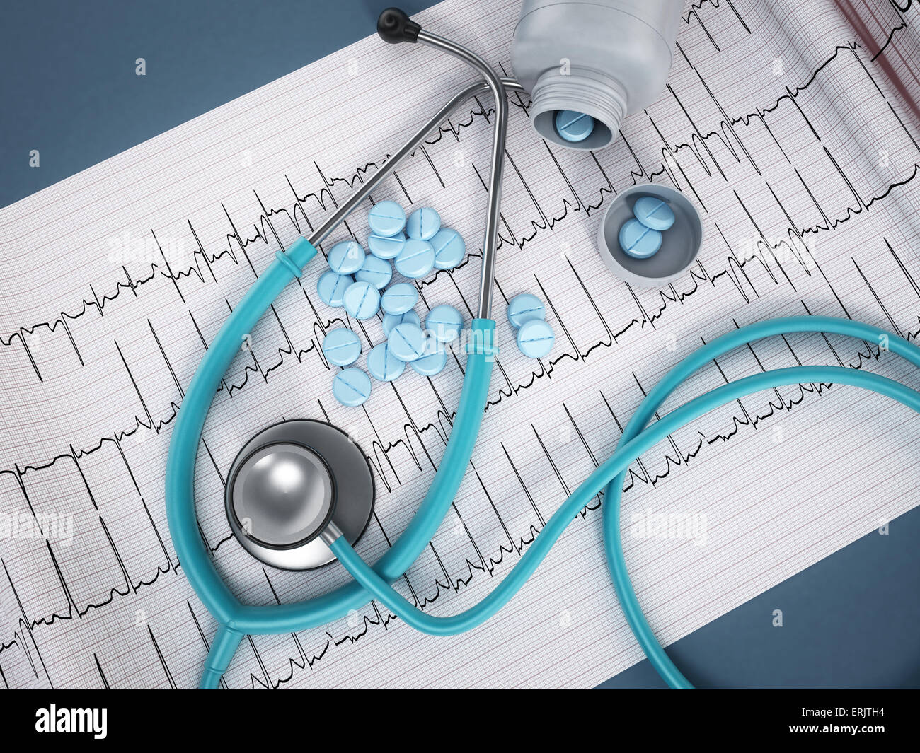 Herz-Gesundheitskonzept mit Arztberichte, Stethoskop und Pillen. Stockfoto