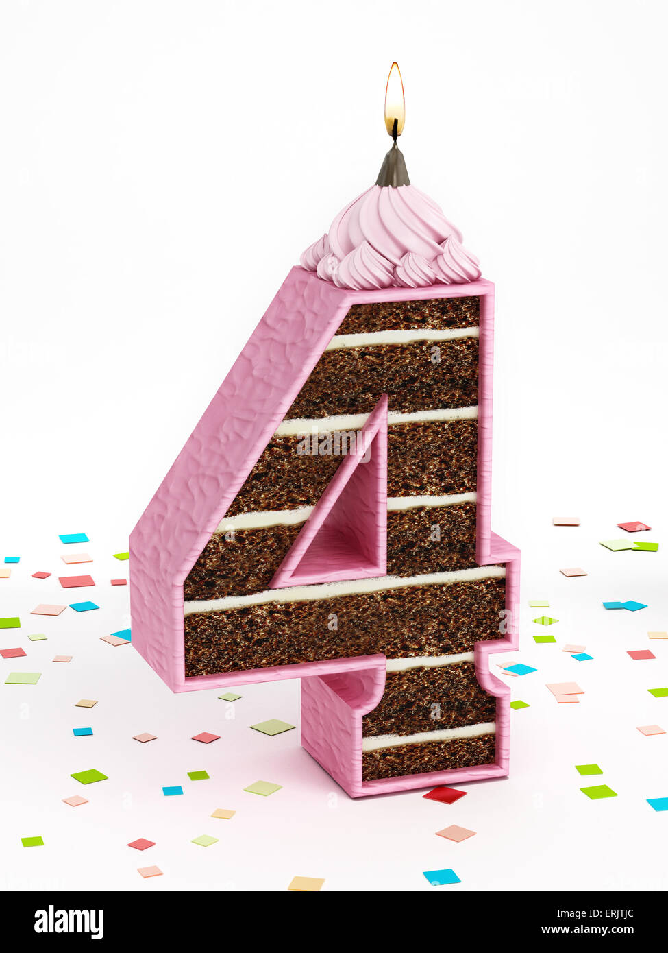 Nummer 4 geformte Schokolade Geburtstagskuchen mit brennenden Kerze. Stockfoto