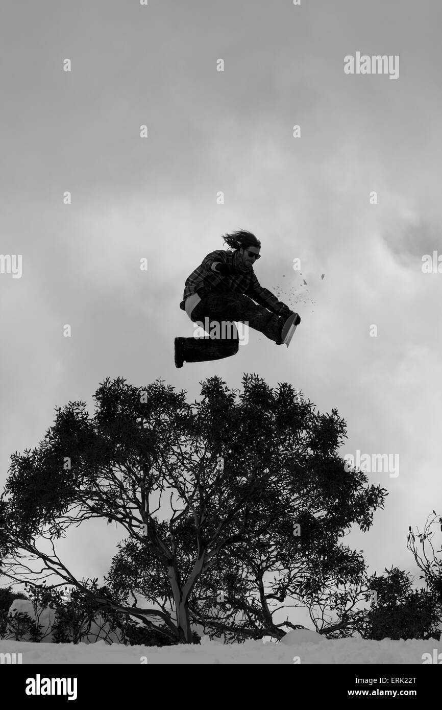 Snowboarder in der Luft mit Baum und bewölkter Himmel; Falls Creek, Australien Stockfoto