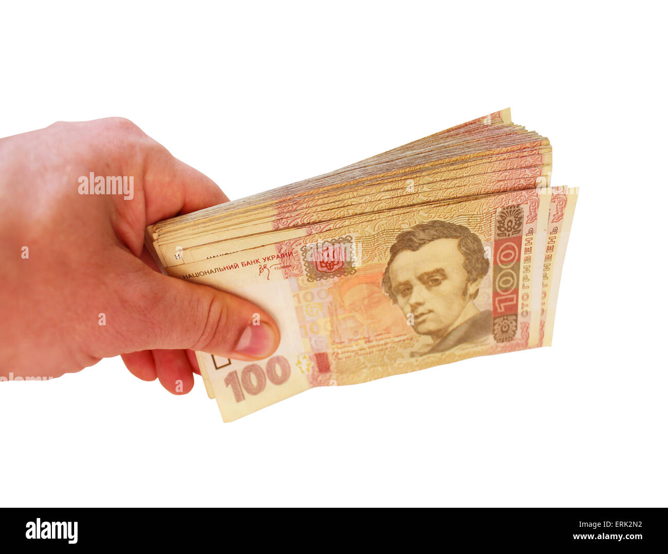 Ukrainische Geld der Wert 100 in der Hand auf dem weißen isoliert Stockfoto