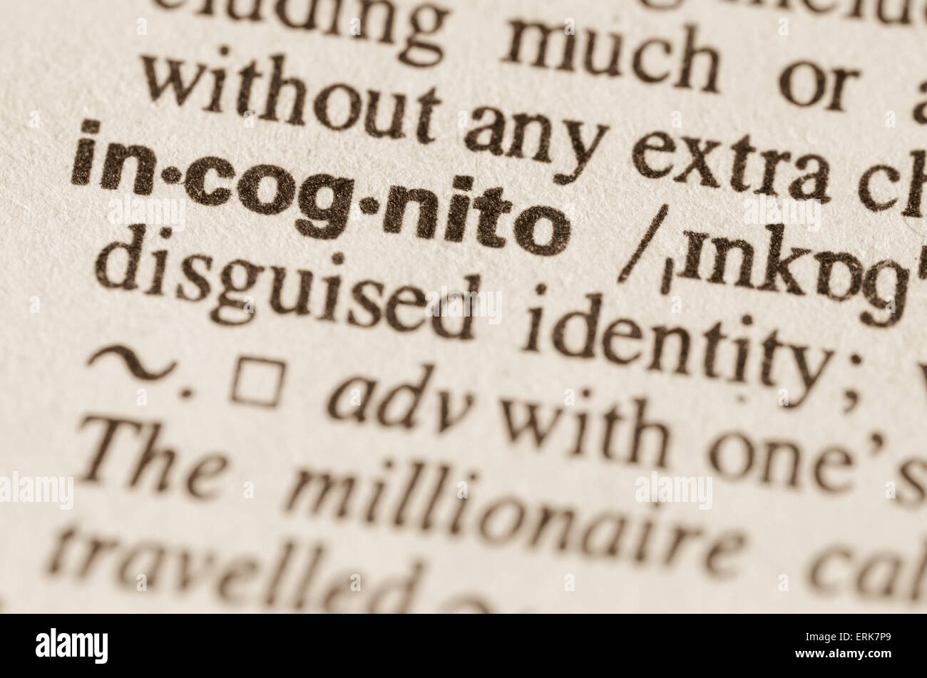 Definition des Wortes inkognito im Wörterbuch Stockfoto