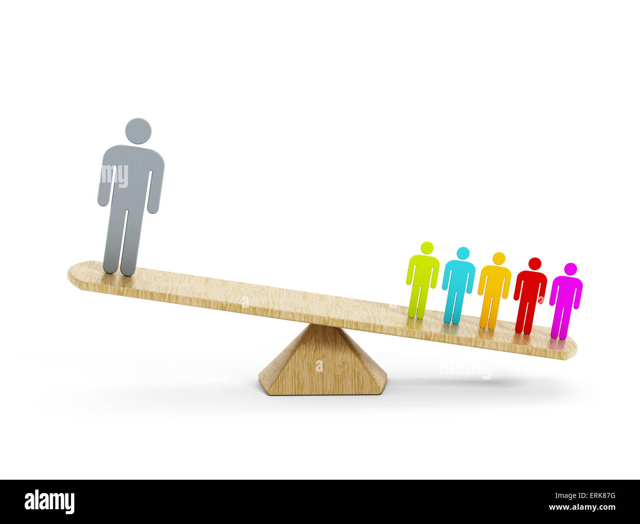 Business-Balance-Konzept mit einem Mann im Vergleich zu einer Gruppe von Menschen auf der Wippe. Stockfoto