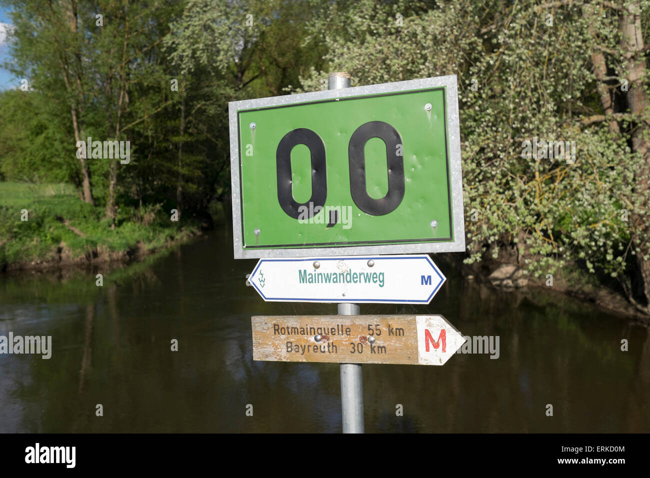 Flusskilometer Null, Zusammenfluss von Main und Main Herkunft, Kulmbach, Oberfranken, Franken, Bayern, Deutschland Stockfoto