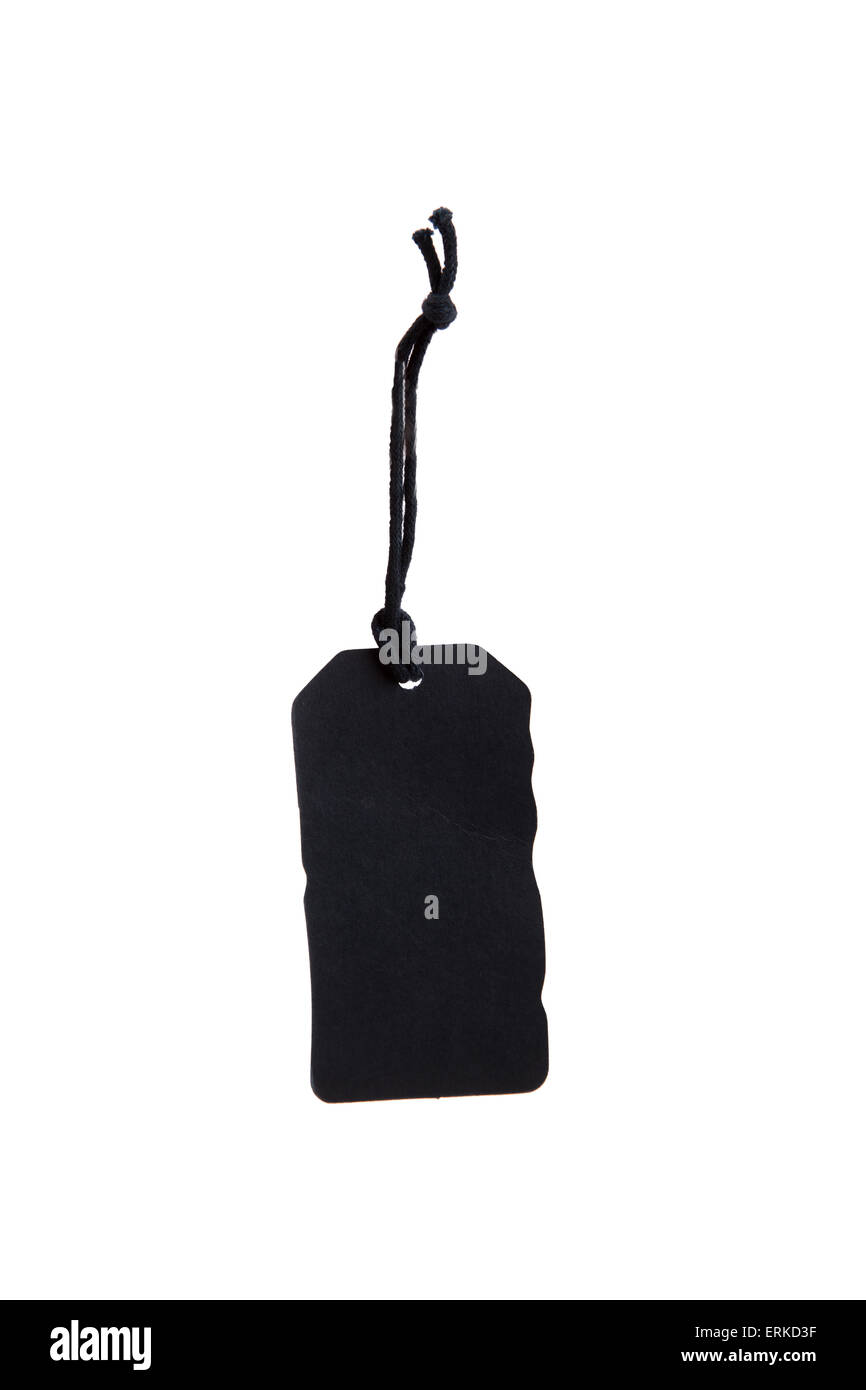 Vorderansicht des Rechtecks schwarz Label mit Seil, isoliert auf weißem Hintergrund. Stockfoto