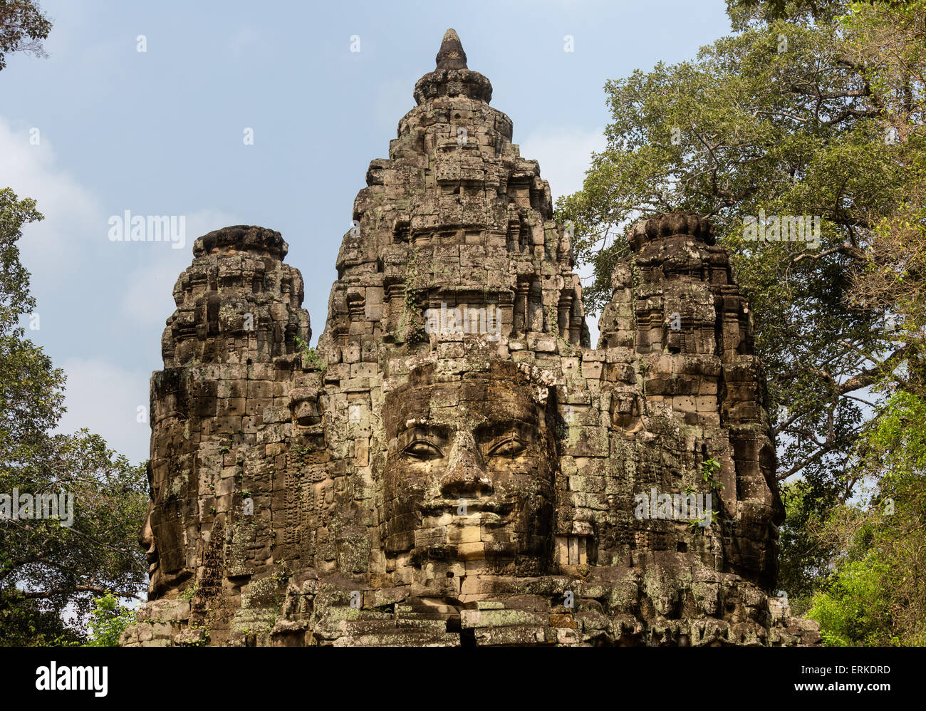 Siegestor, Ostseite von Angkor Thom, Avalokiteśvara Gesicht Turm, Provinz Siem Reap, Kambodscha Stockfoto