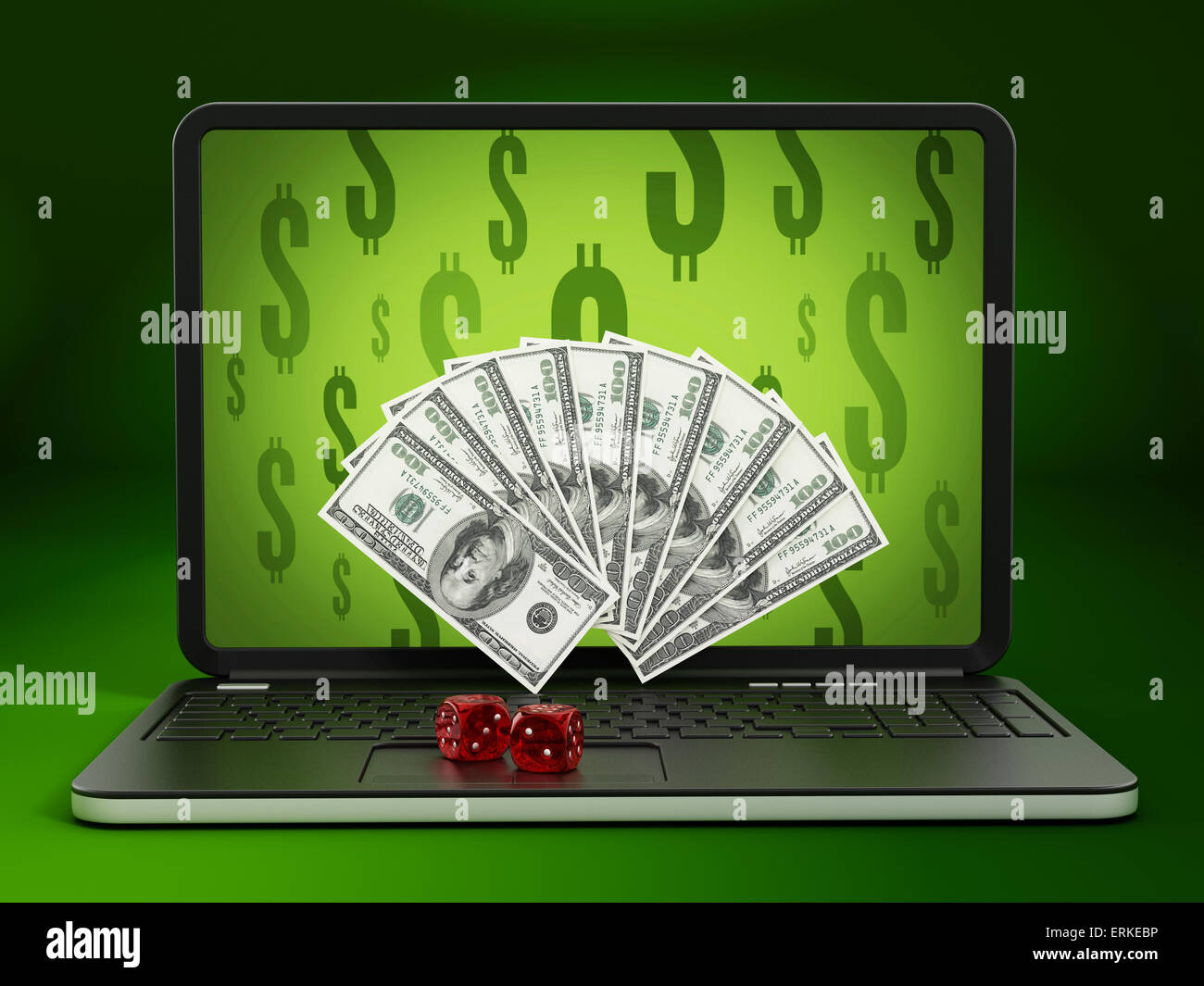 Internet-Glücksspiel-Konzept mit Geld aus dem Bildschirm heraus kommen. Stockfoto