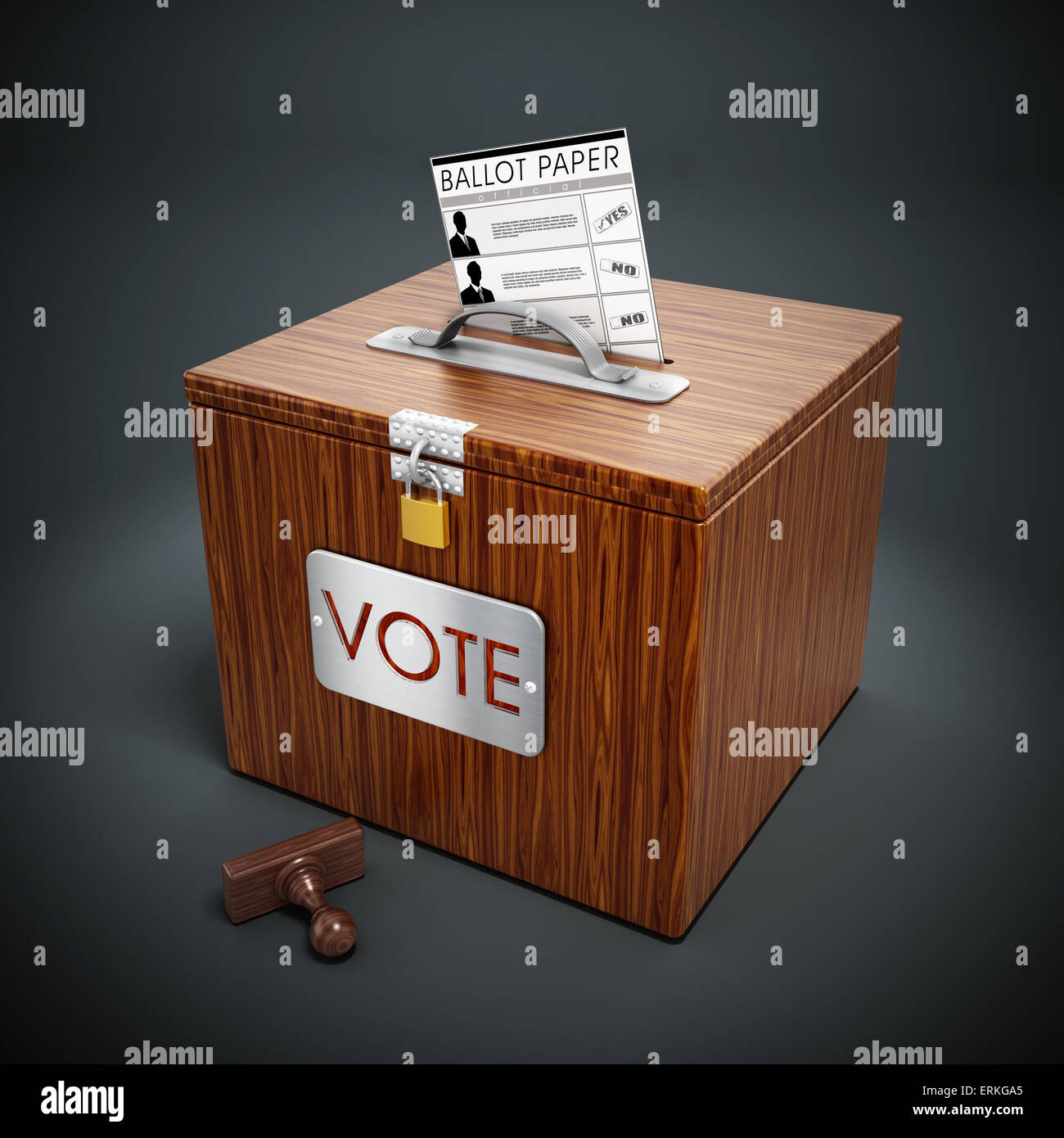 Box, Stempel und Stimmzettel Wahlzettel auf grauem Hintergrund. Stockfoto