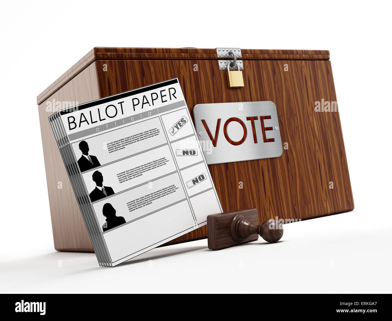 Box, Stempel und Stimmzettel Wahlzettel auf weißem Hintergrund. Stockfoto