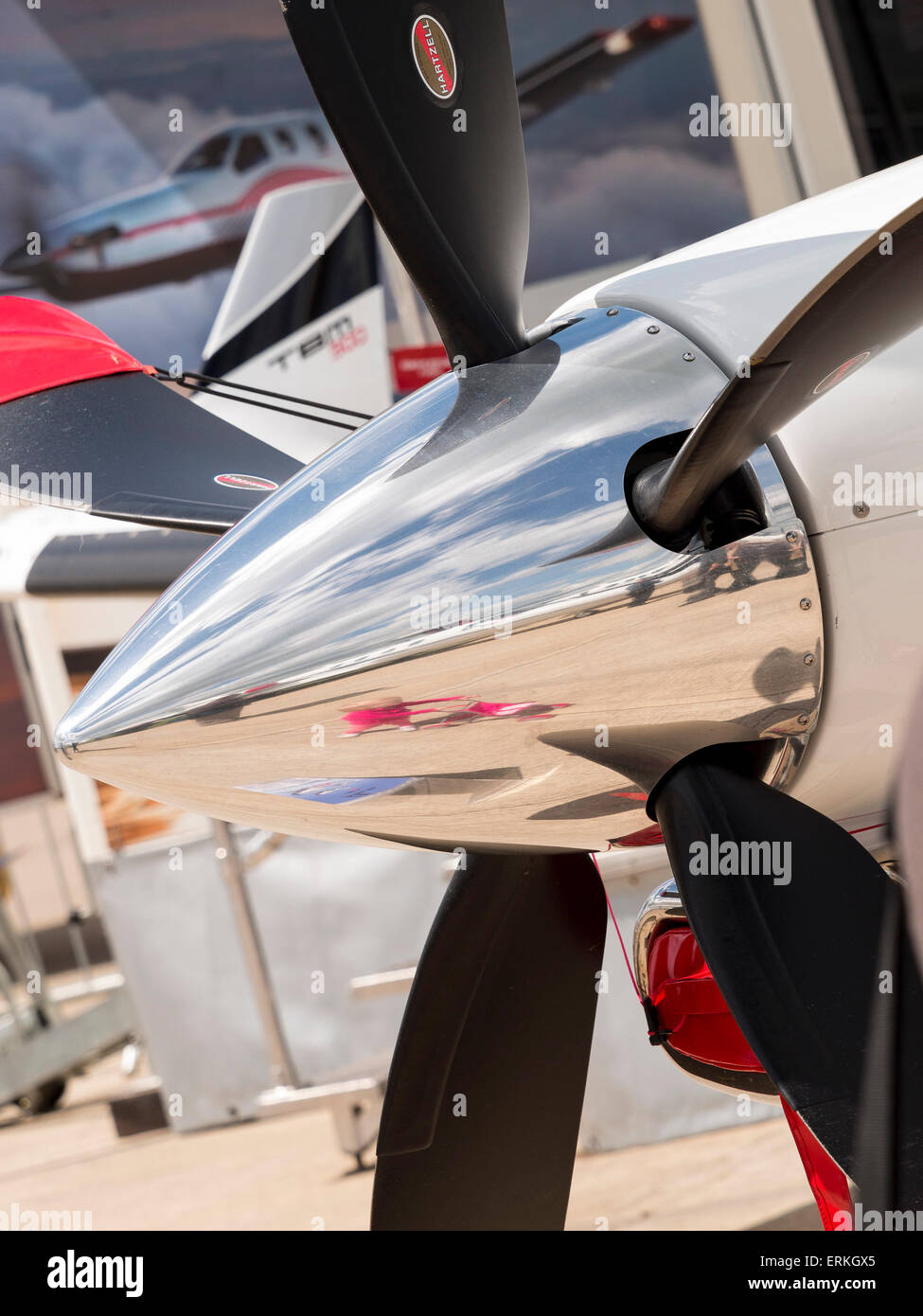 polierte Propeller des Flugzeugs executive bei Aerexpo 2015-Luftfahrt-Event am Flughafens Flugplatz, Northamptonshire, Großbritannien Stockfoto