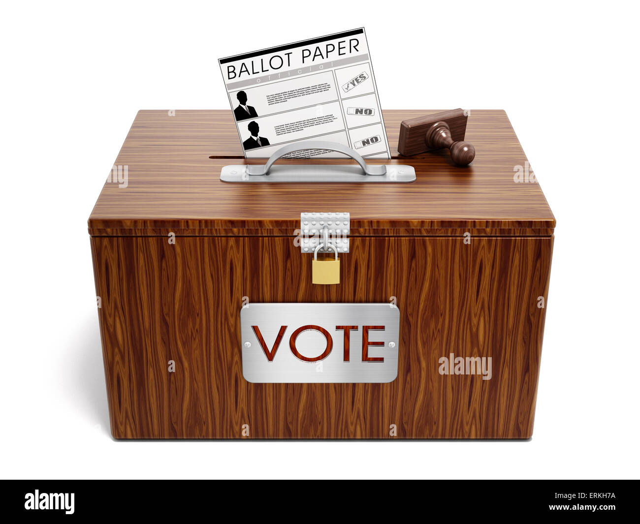 Box, Stempel und Stimmzettel Wahlzettel auf weißem Hintergrund. Stockfoto