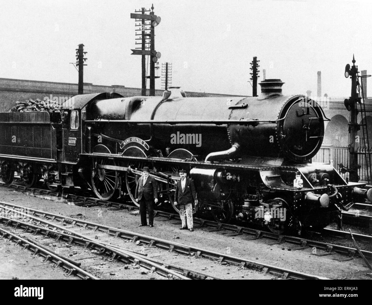 Great Western Railway (GWR) 6000 wirft Klasse King George ich Lok bei Stafford Road Dampf, um 1930. Stockfoto