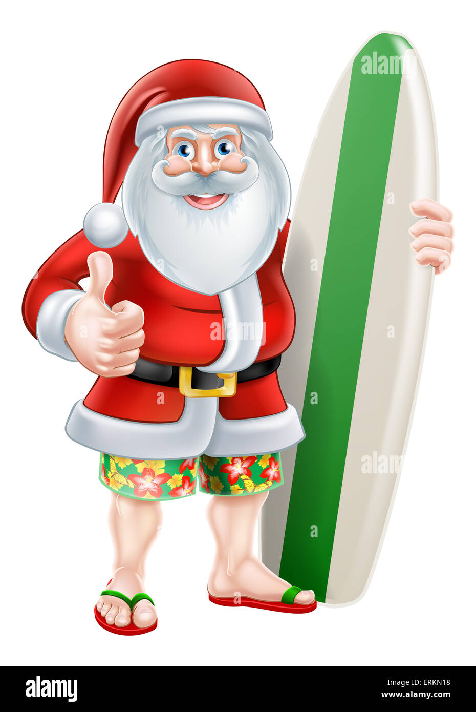 Weihnachten Cartoon des Weihnachtsmanns ein Daumen in seinem Boardshorts und Sandalen mit einem Surfbrett aufzugeben Stockfoto