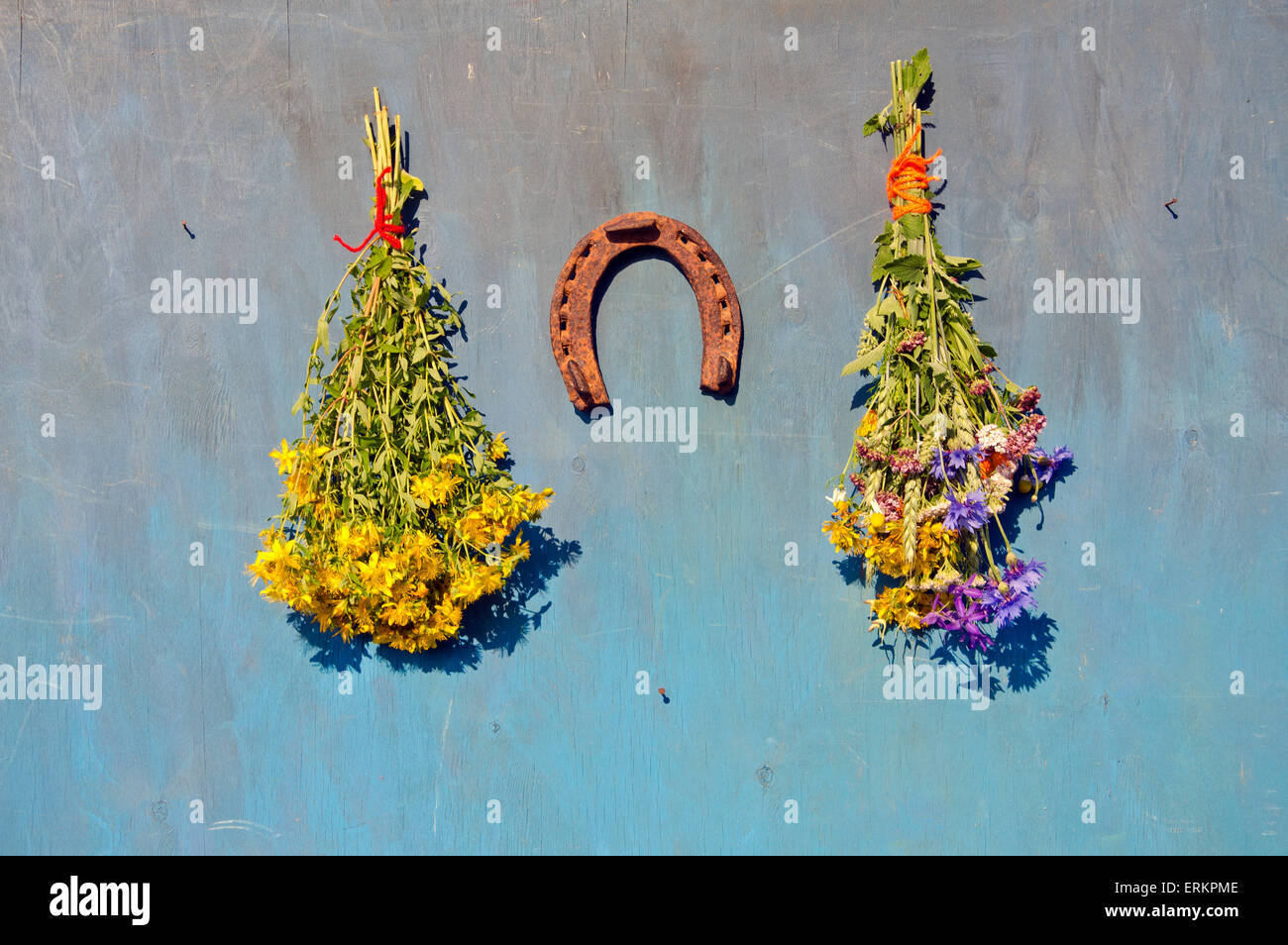 St Johns Würze und verschiedenen medizinischen Blumen Haufen rostigen Hufeisen an Wand Stockfoto