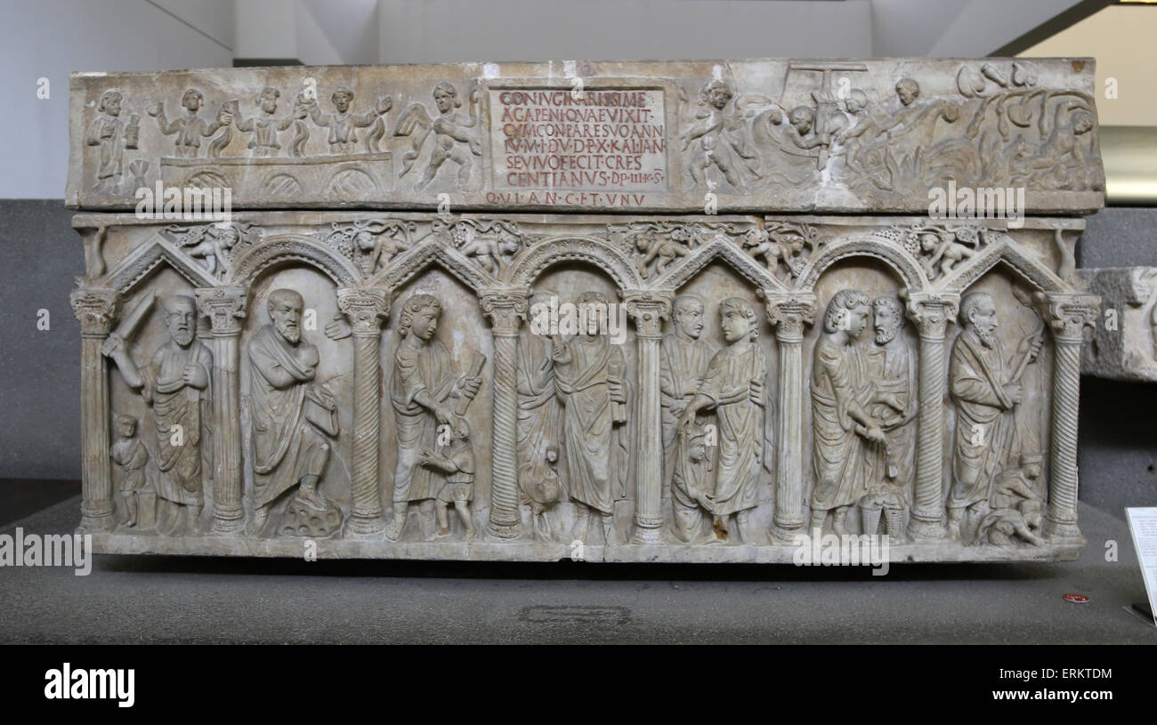 Frühchristliche. Römischer Sarkophag des Ehegatten, Agapene und Crescenzinao. 4. c. Rom. Stockfoto