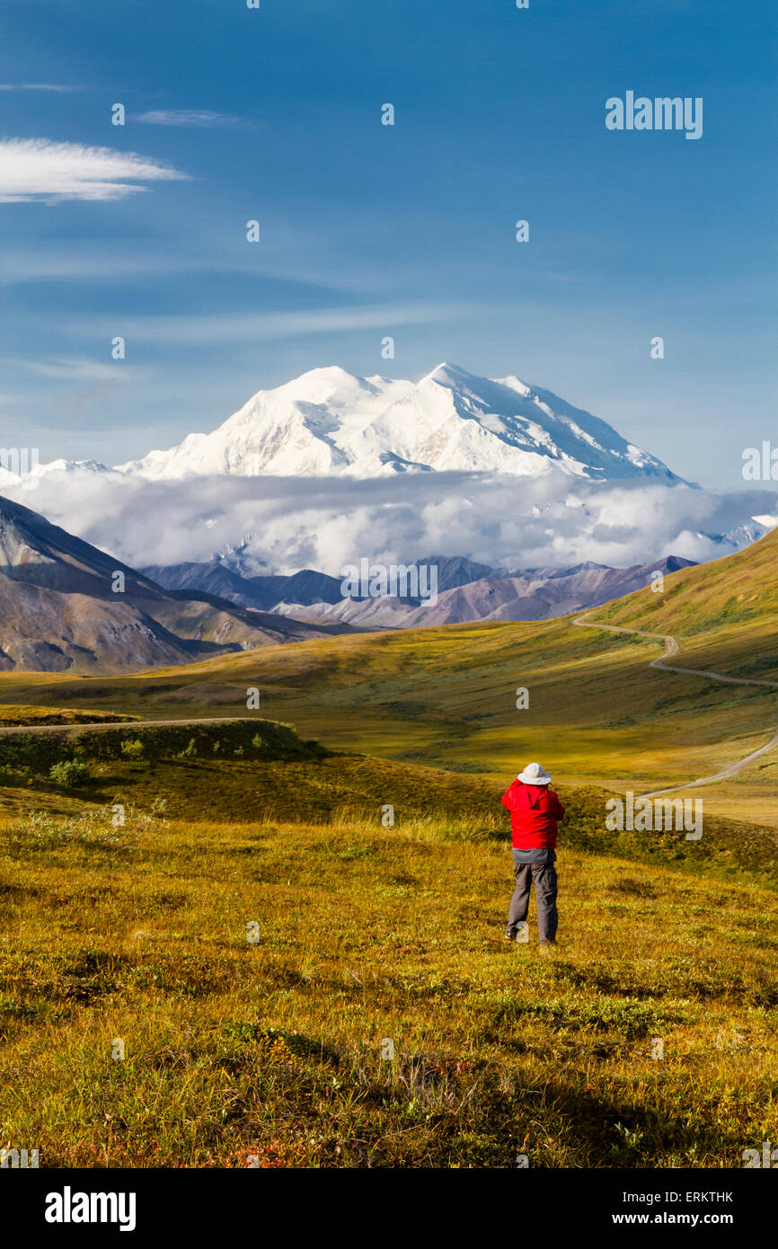 Ein männlichen Touristen fotografiert Mt. McKinley und Thorofare Pass von steinernen Kuppel im Denali National Park, innen Alaska, USA. Stockfoto