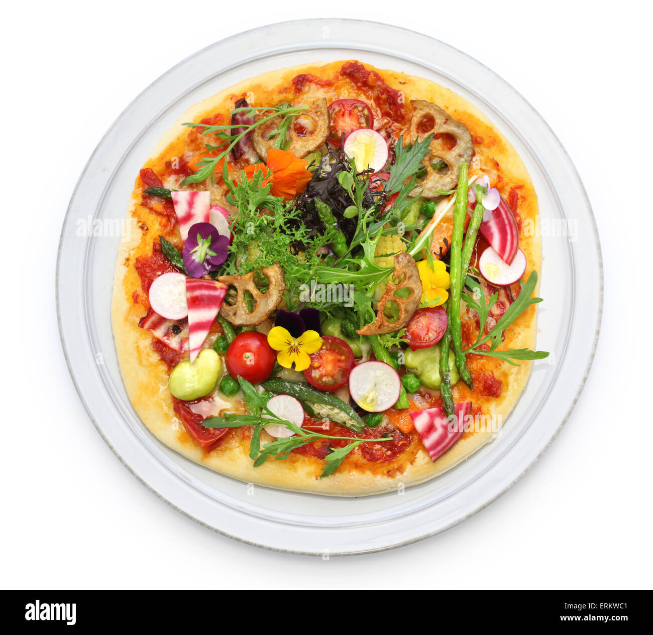 gesundes Gemüse Pizza, vegetarisches Essen isoliert auf weißem Hintergrund Stockfoto
