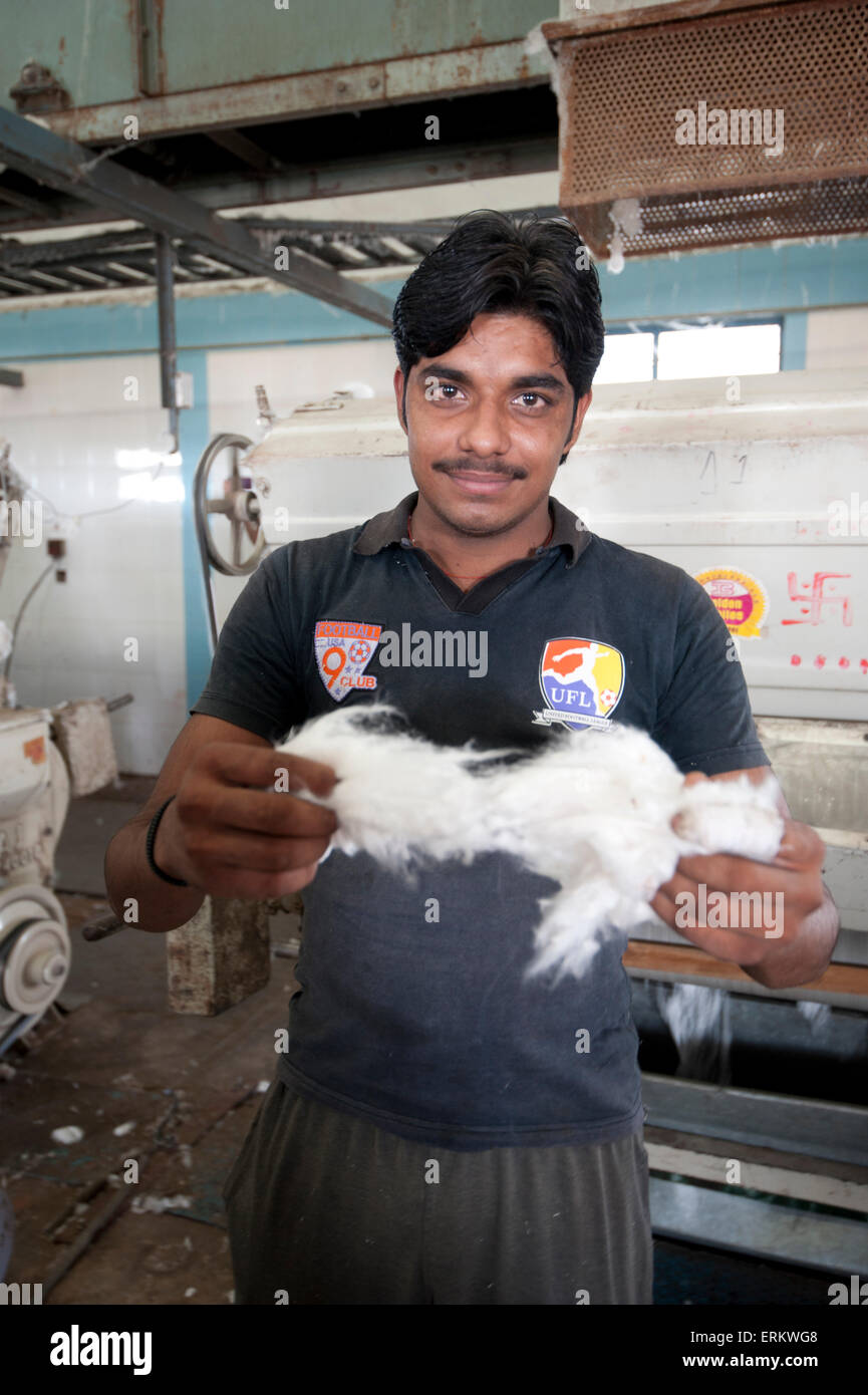 Mann, Fabrikarbeiter, Hänseleien verarbeitet Baumwolle in Strähnen, Rajkot Bezirk, Gujarat, Indien, Asien Stockfoto