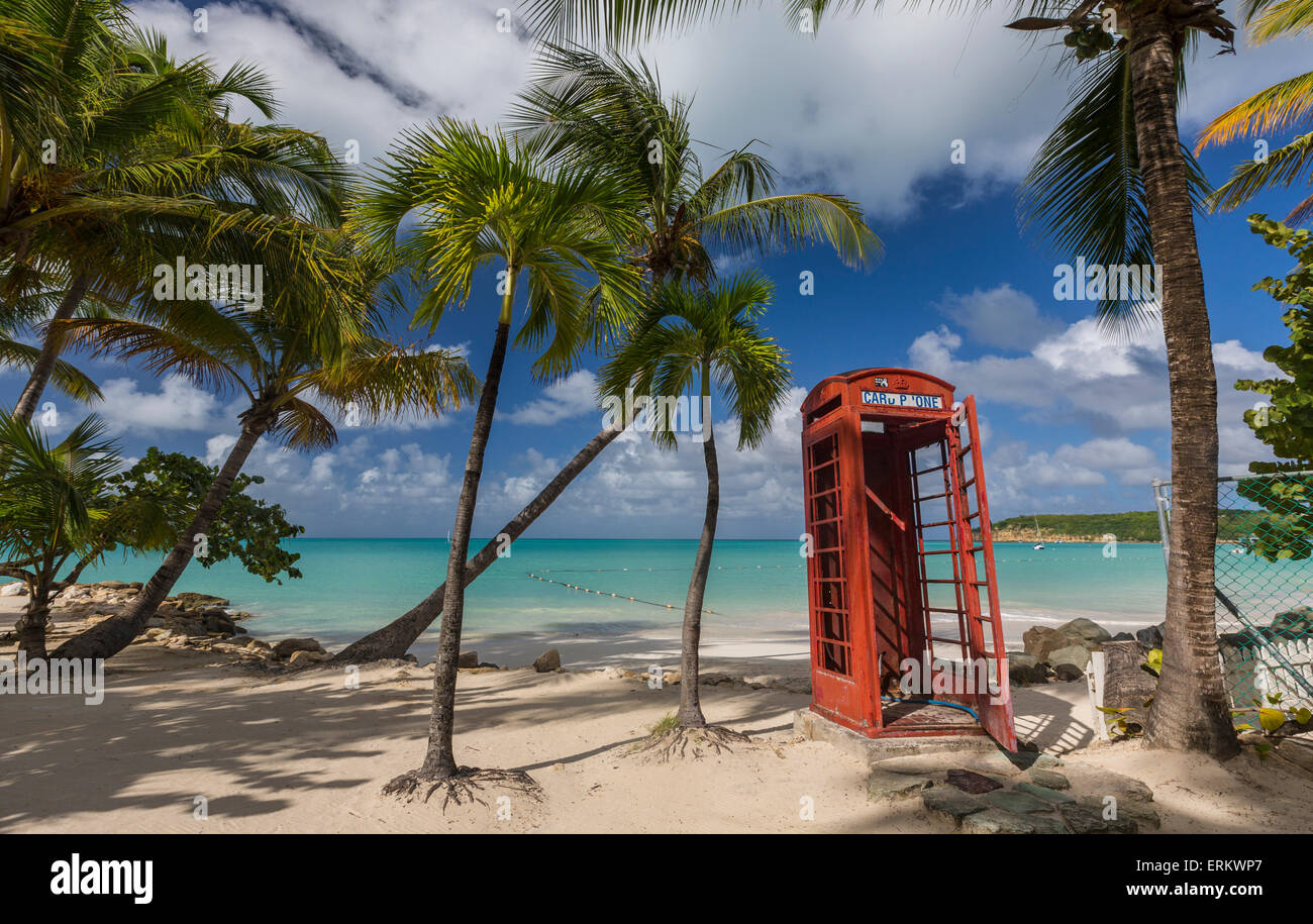 Eine rote Telefonzelle unter Kokospalmen, die umgeben von Dickenson Bay, einen Streifen Sand mit Blick auf das Karibische Meer, Antigua Stockfoto