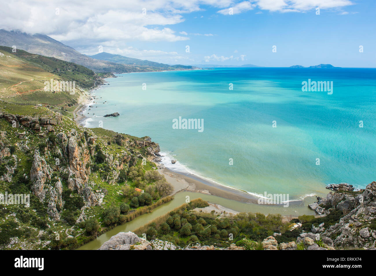 Blick über Preveli Strand, Kreta, griechische Inseln, Griechenland, Europa Stockfoto
