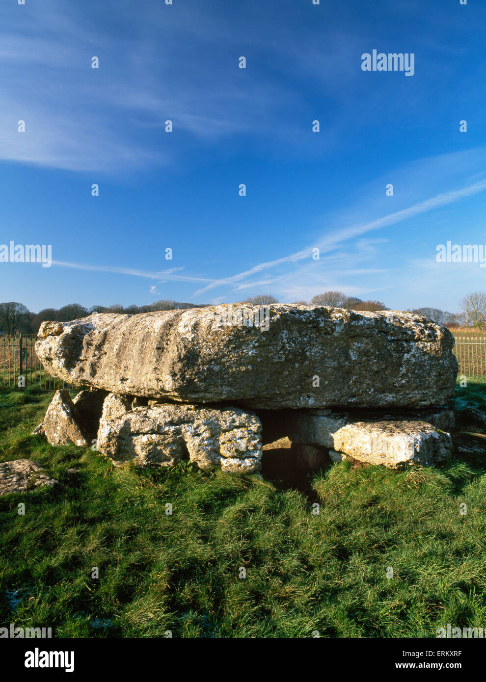 Aussehende NW am Eingang zur Grabkammer Lligwy neolithische Grab, Anglesey, mit seiner massiven Kalkstein Deckstein C 25 Tonnen. Stockfoto