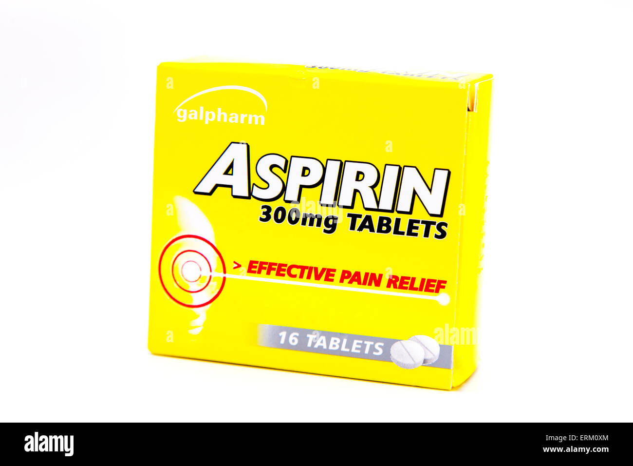 Aspirin Schmerzlinderung beheben Tabletten Karton Kapseln Box Pack Paket isolierten Ausschnitt ausschneiden weißen Hintergrund Kopie Raum studio Stockfoto