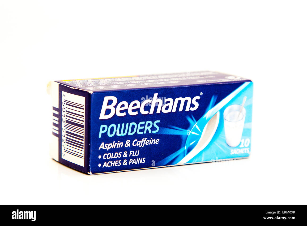 Beechams Pulver Aspirin & Kofein kalt Erkältungen Grippe Schmerzen Schmerzen Relief Heilmittel Karton Box Pack Paket isolierten Ausschnitt ausschneiden weiß Stockfoto