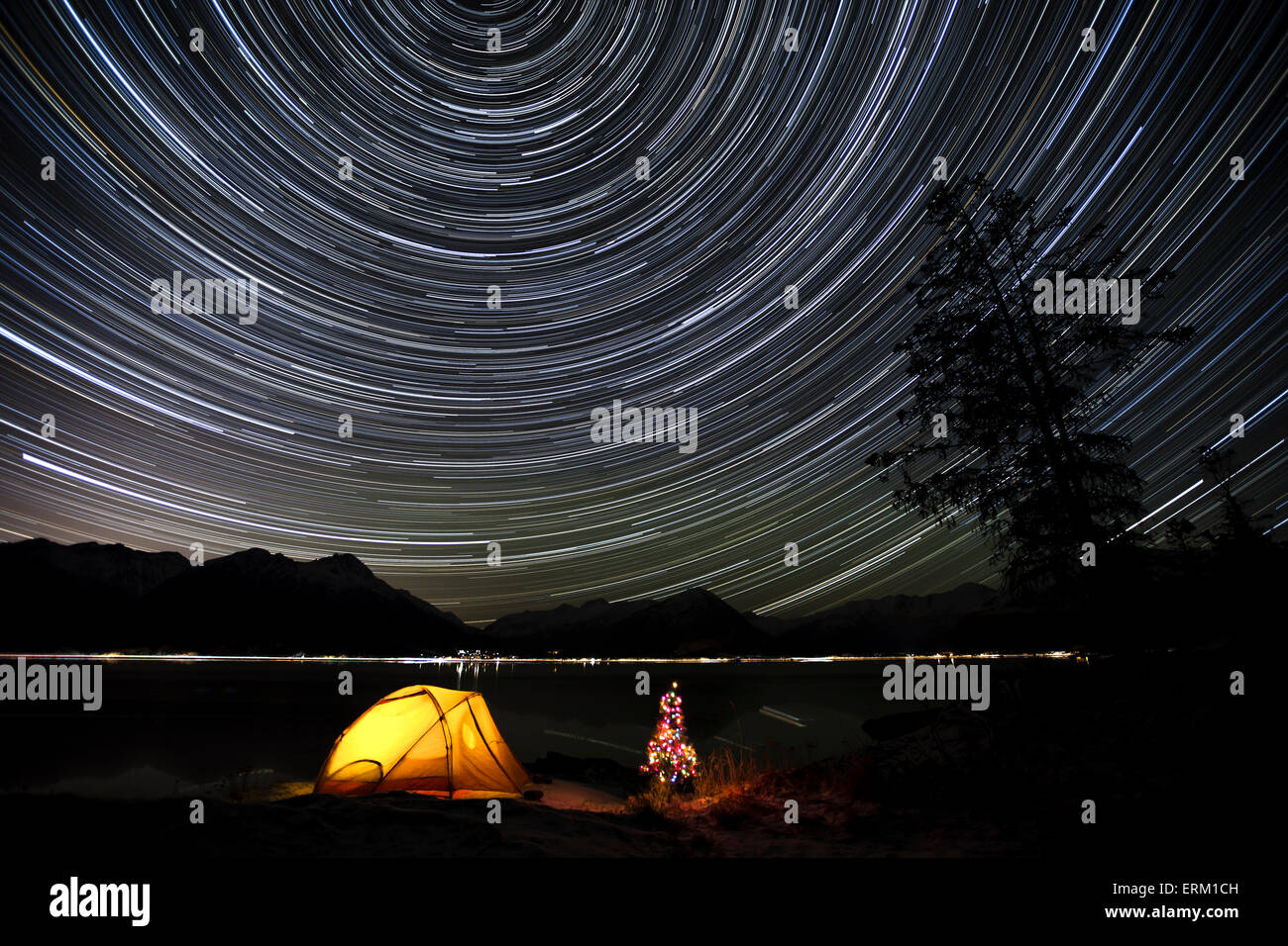 Zelt, Alaska, Weihnachtsbaum, Star Trail Stockfoto