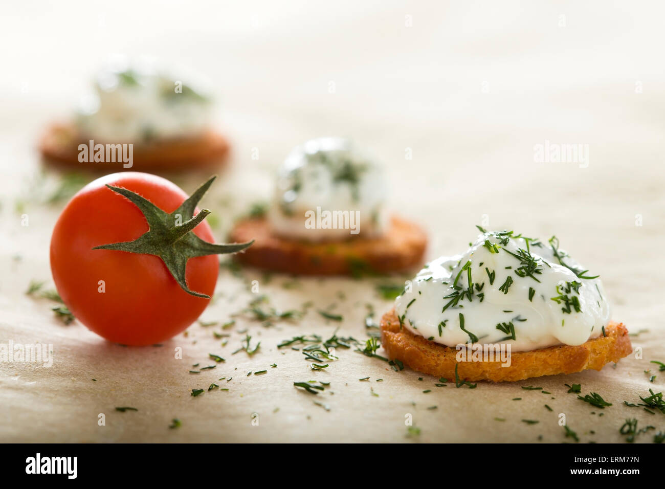 Frische Sahne Schmelzkäse mit Dill auf Backen Brötchen und Cherry Tomaten Stockfoto