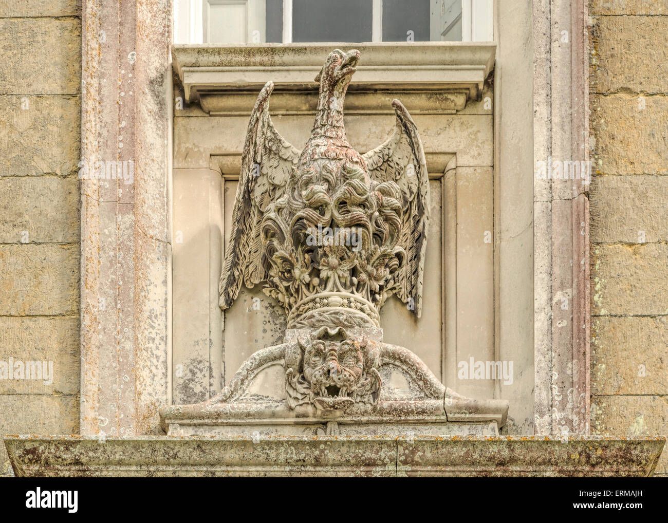 Dekorative Stein Greif an der Fassade des Petworth House, ein 17. Jahrhundert Denkmalschutz ich Landhaus in West Sussex, England. Stockfoto