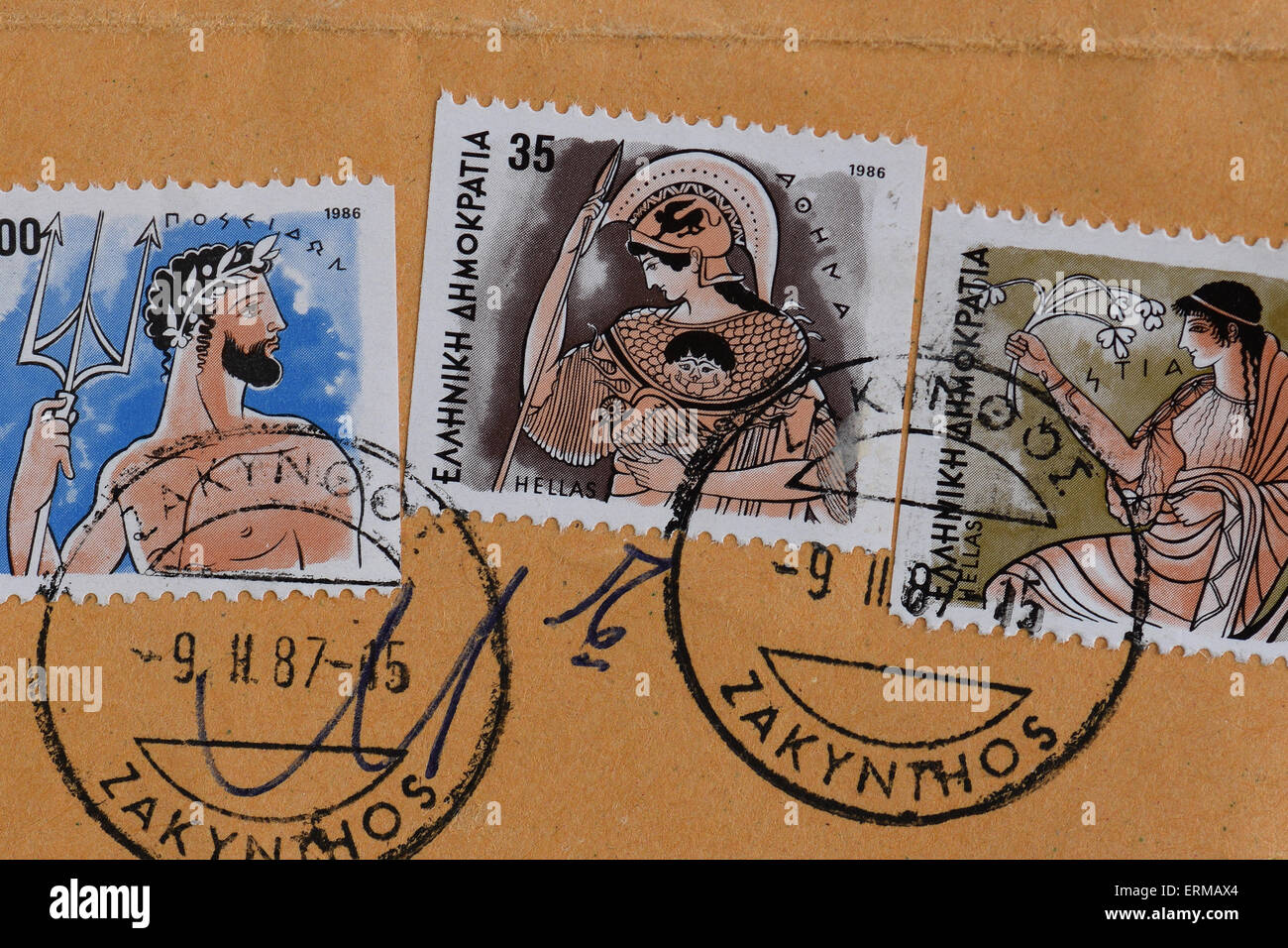 Vintage Briefmarken mit antiken griechischen Götter Hestia, Poseidon und Athene. Stockfoto