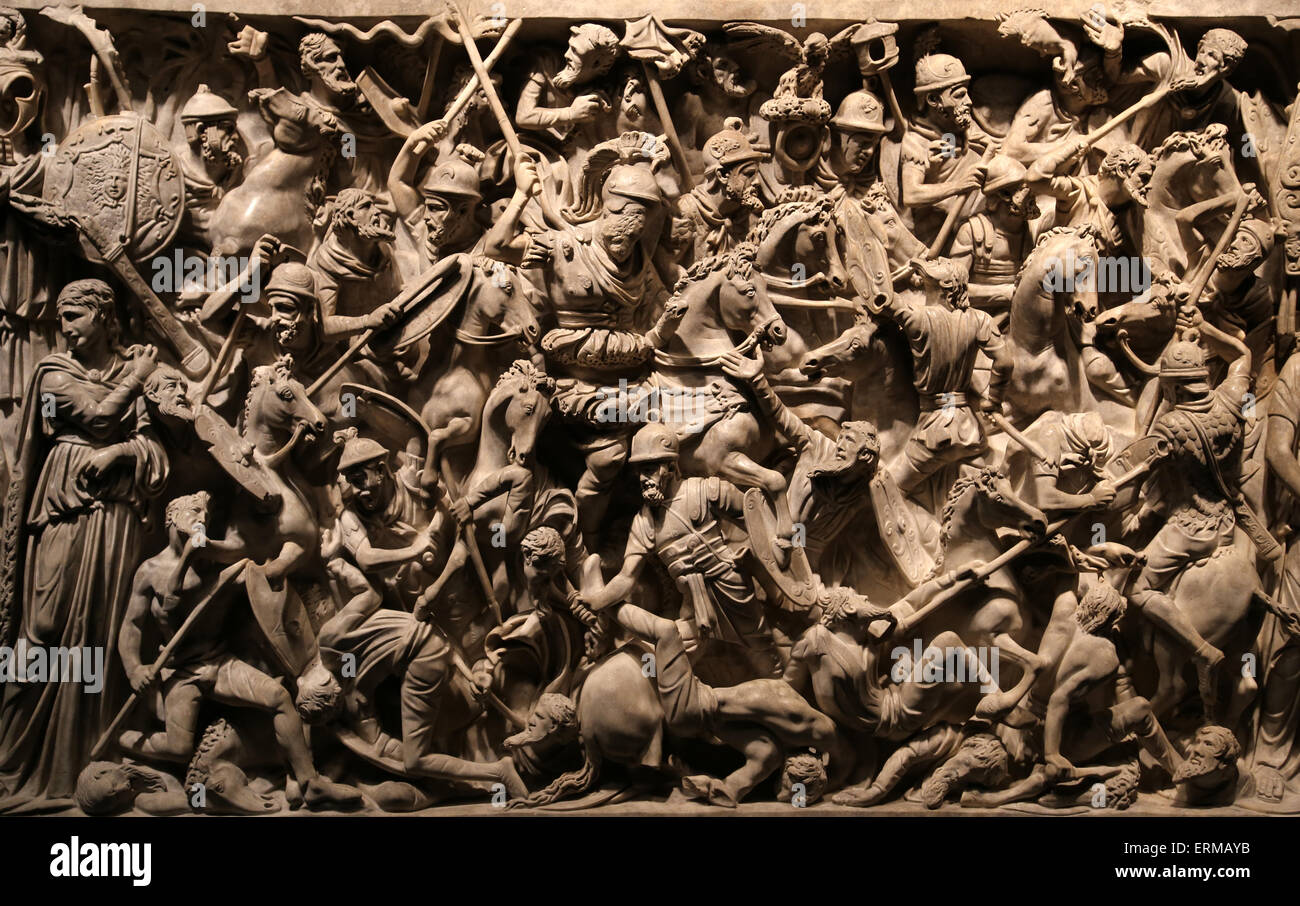 Portonaccio Sarkophag. 180 N. CHR.. Schlacht zwischen Römern und Germanistik in Marcomannics kriegen. Römische Nationalmuseum. Palast Massimo Stockfoto
