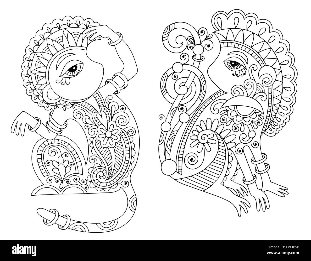 Strichzeichnungen Zeichnungssatz des ethnischen zwei Affen in dekorativen Ukraine Stock Vektor