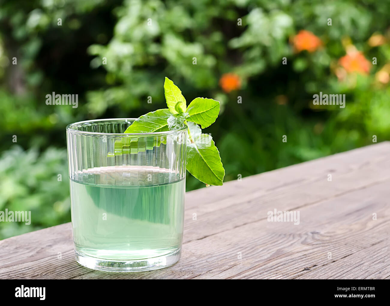 Wasserglas mit Minze auf einem Holztisch Stockfoto