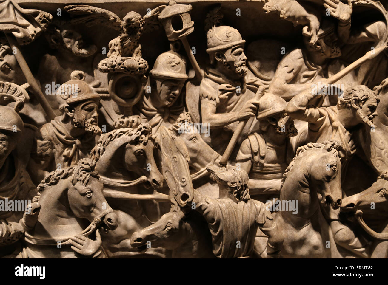 Portonaccio Sarkophag. 180 N. CHR.. Schlacht zwischen Römern und Germanistik in Marcomannics kriegen. Römische Nationalmuseum. Stockfoto