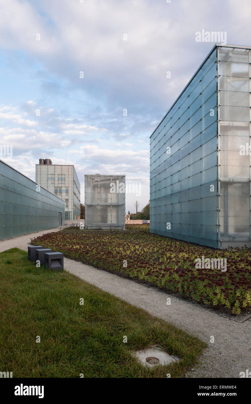 Spazierwege führen durch Museumsgelände. Schlesischen Museum, Kattowitz, Polen. Architekt: Riegler Riewe Architekten, 2014. Stockfoto