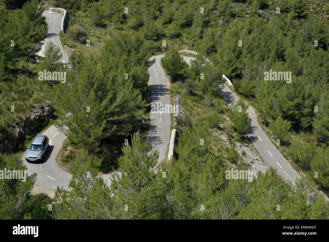 Serpentine Straße von Artà an der Ermita de Betlem, Parc Natural de Llevant, Halbinsel in der Nähe von Arta, Mallorca, Balearen Inseln Stockfoto