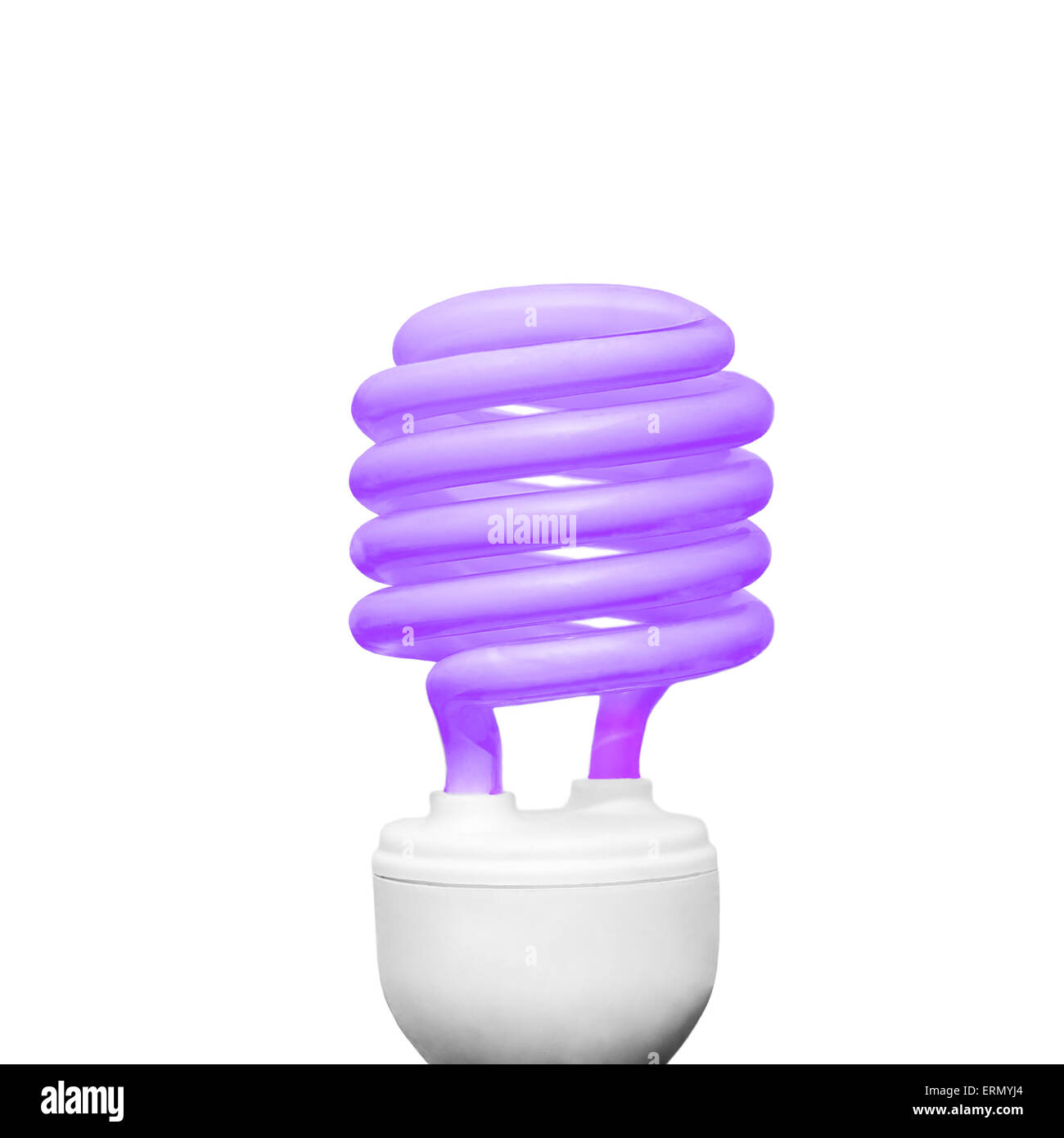Energiesparlampe auf weißem Hintergrund quadratische Komposition lila Stockfoto