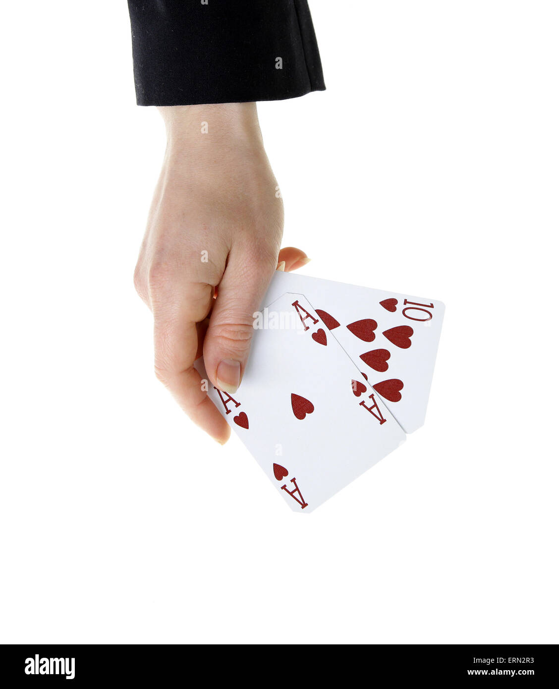 Hand hält am besten klassischen Blackjack Gewinnkombination zehn und Herz-Ass Stockfoto