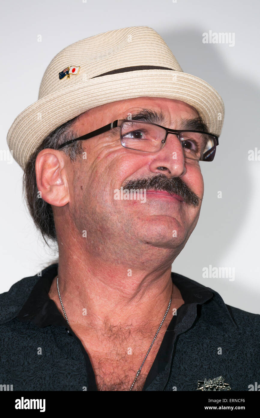 Schauspieler Paul Johnstone aus dem Originalfilm Mad Max (1979) besucht die '' Mad Max: Fury Road'' Bühne Begrüßung in der Innenstadt von Tokio am 5. Juni 2015. Der Film schlägt die Theatern in ganz Japan am 20. Juni. (Foto von Rodrigo Reyes Marin/AFLO) Stockfoto