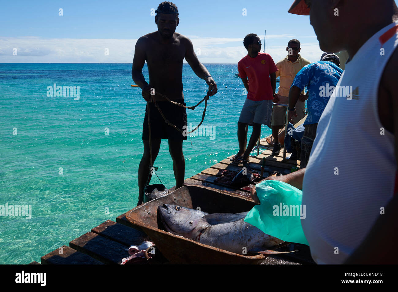 Einheimische verkaufen ihren frisch gefangenen Fisch auf der Pier am Stadtzentrum Sal, Kap Verde Stockfoto