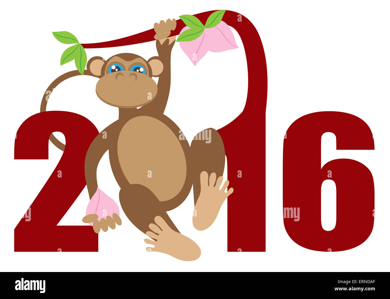 2016 chinesischen Neujahrsfest des Affen auf Baum Zweig Ziffern isoliert auf weißem Hintergrund Farbe Abbildung Stockfoto