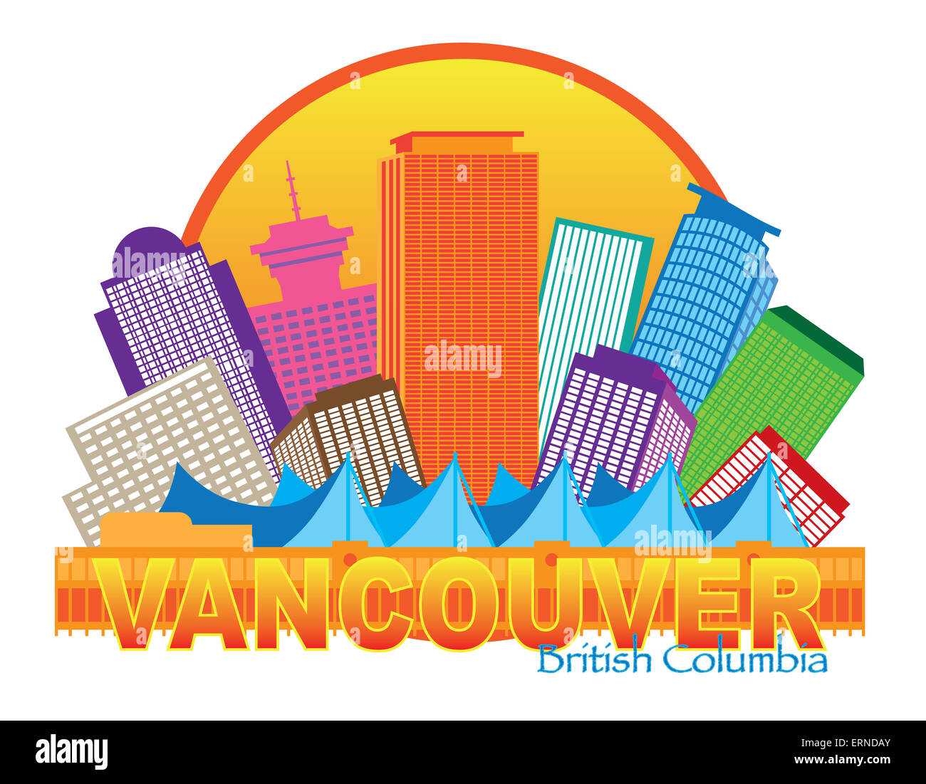 Vancouver British Columbia Kanada City Skyline im inneren Kreis farbigen Illustration Stockfoto