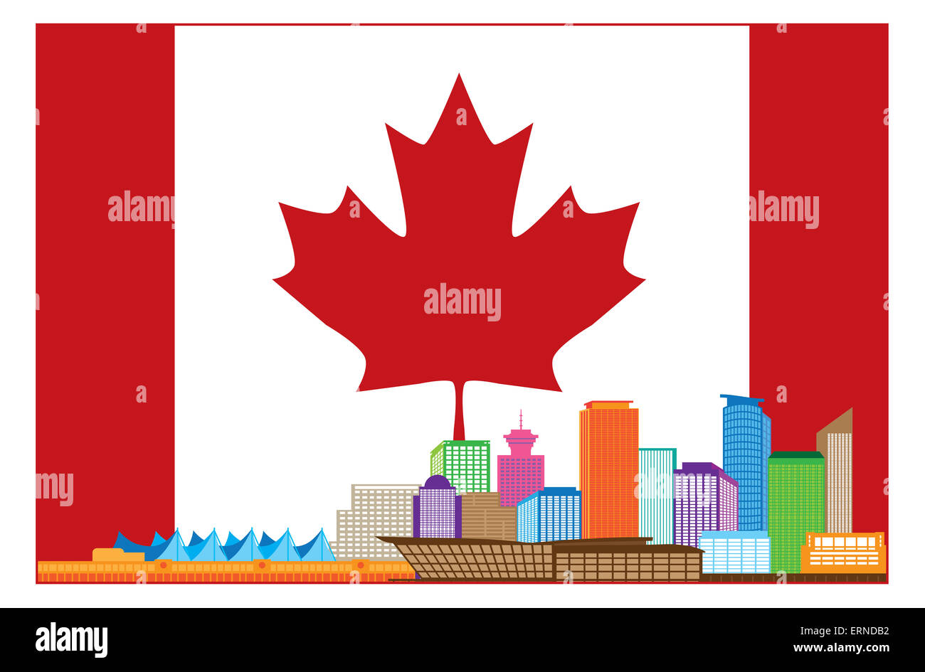 Vancouver British Columbia Kanada bunte Stadt Skyline Silhouette in kanadische Flagge Abbildung Stockfoto