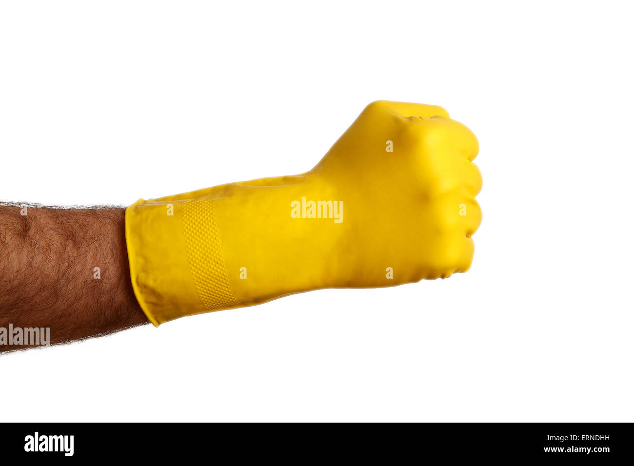 Mann mit gelben Reinigung Handschuh vor einem weißen Hintergrund Stockfoto