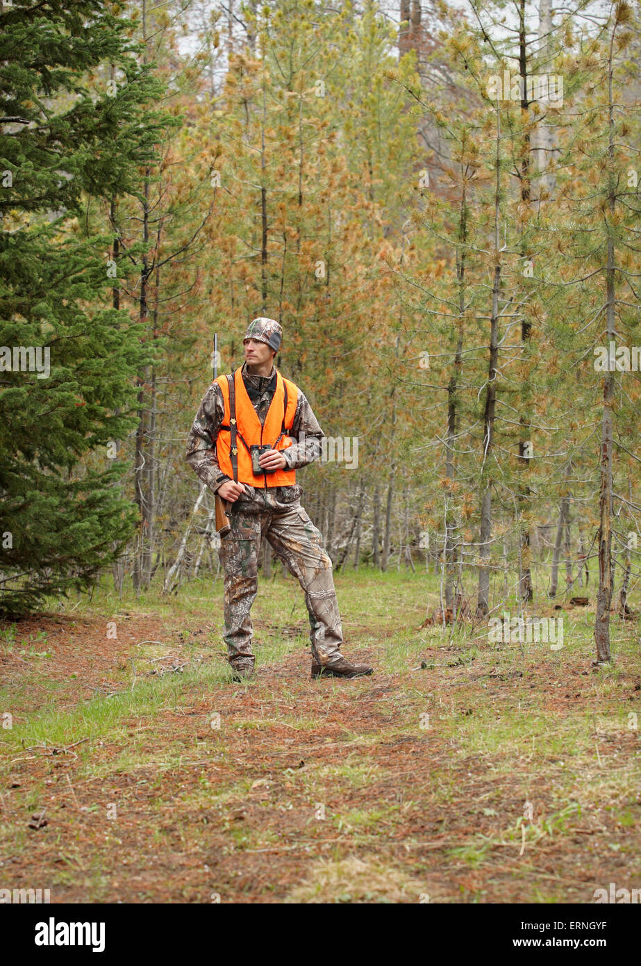 modernes Reh Jäger stehend im Wald in voller Länge Stockfoto