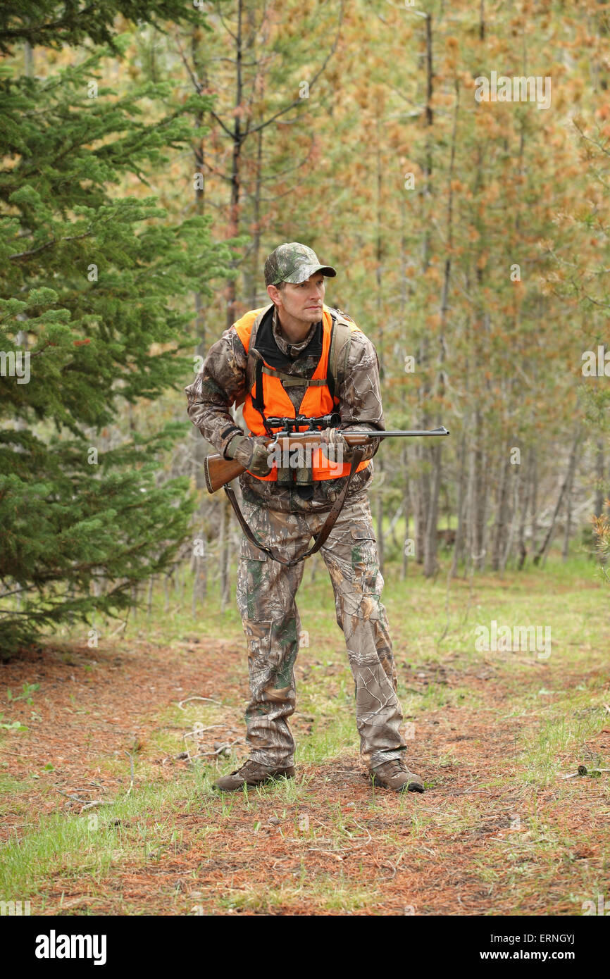 Erwachsene Hirsche Jäger schleichen durch Wald mit Gewehr Stockfoto