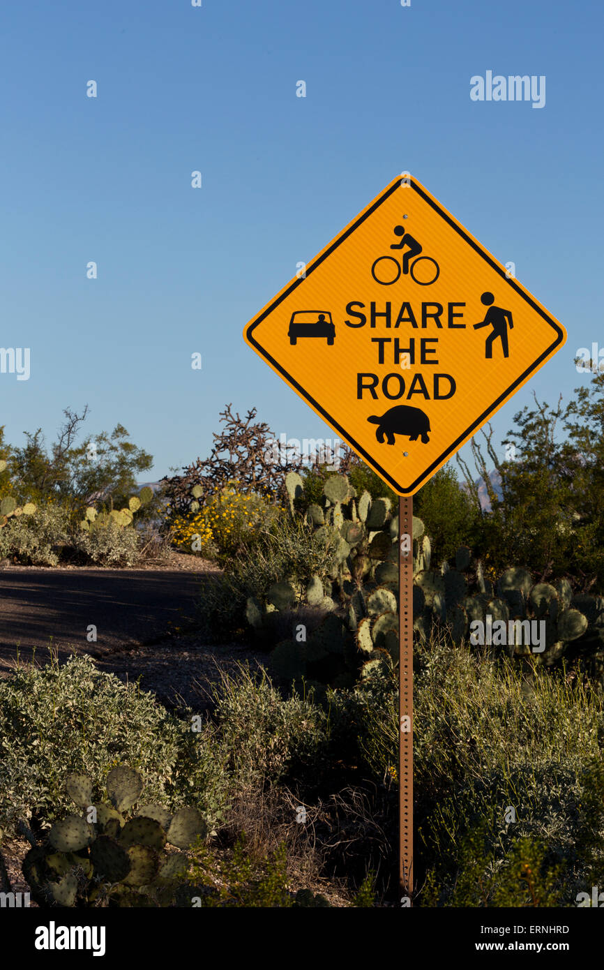 Im Fahrrad freundlich Saguaro National Park, warnt Anteil das Schild Weg von Autos, Radfahrer, Wanderer, & Tierwelt geteilt werden. Stockfoto